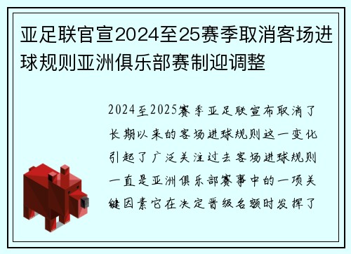亚足联官宣2024至25赛季取消客场进球规则亚洲俱乐部赛制迎调整 亚足联官宣2024至25赛季取消客场进球规则亚洲俱乐部赛制迎调整
