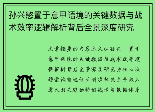 孙兴慜置于意甲语境的关键数据与战术效率逻辑解析背后全景深度研究